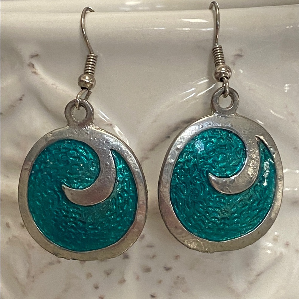 Silver Tone Teal Enamel Crescent Moon Dangle Earrings